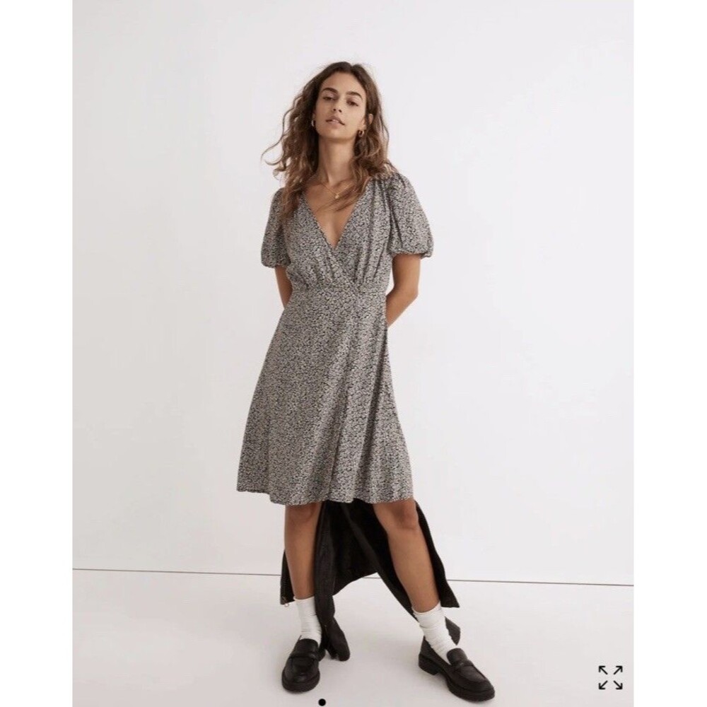 MADEWELL Dress Sz 0 Challis in Tudor Black White Wrap Boho Mini Hippie Summer